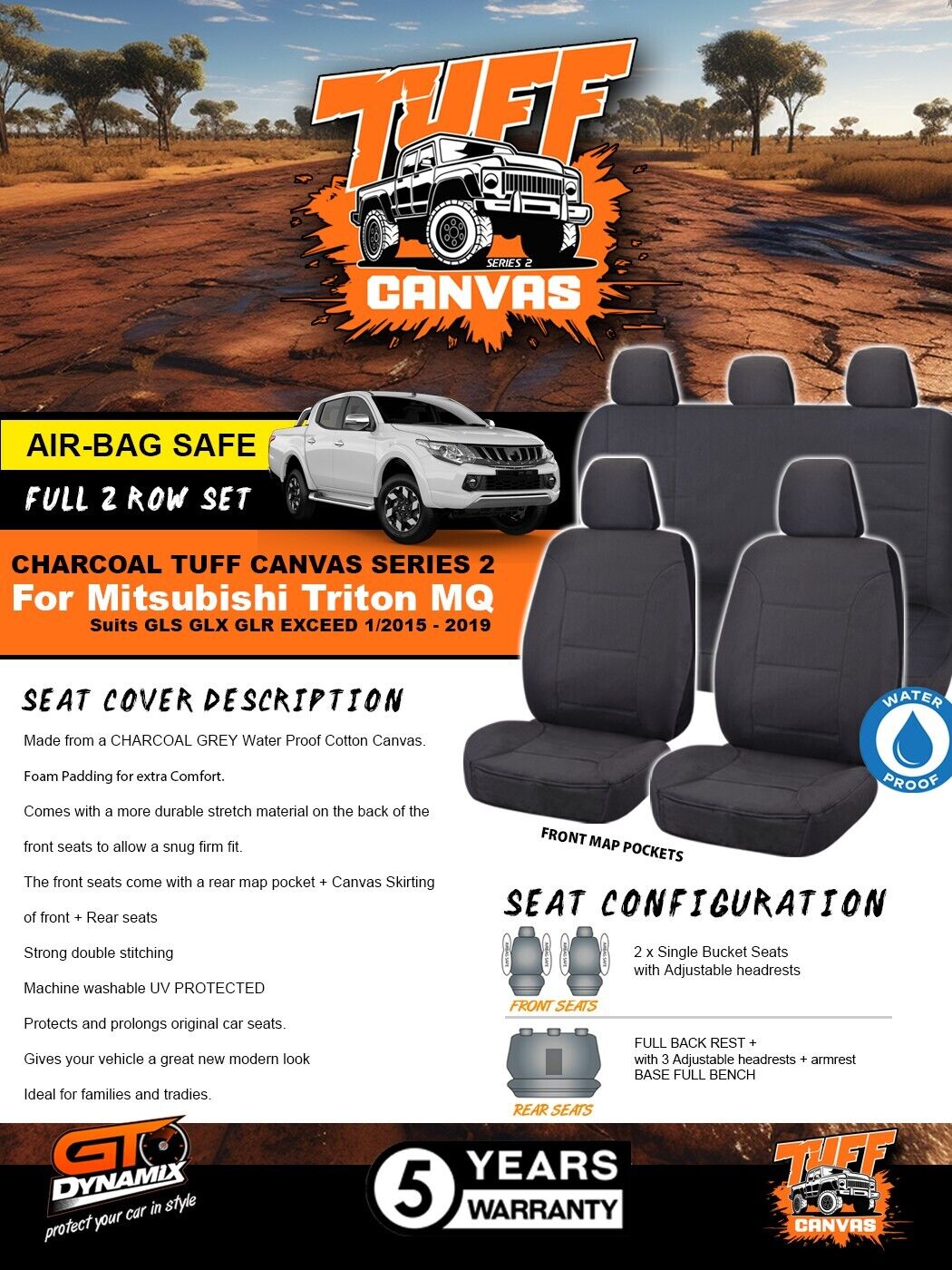 Charcoal Tuff Canvas S2 Seat Covers 2 Rows For Mitsubishi MQ Triton GLS GLR GLX 1/2015-2019