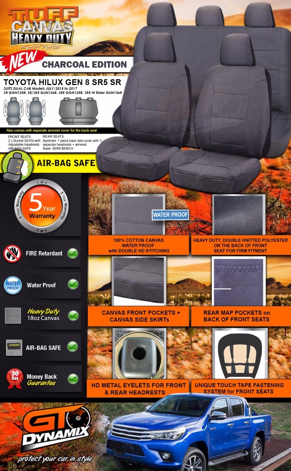 Tuff HD Canvas Seat Covers 2 Rows For Toyota Hilux SR5 SR Dual Cab 7/2015-2024 Charcoal