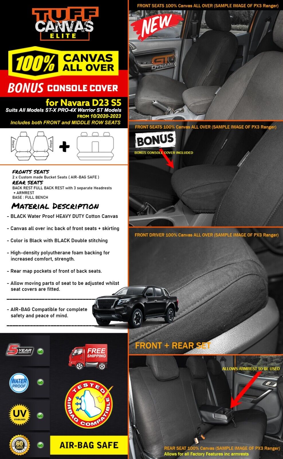 Tuff Elite Canvas Seat Covers 2 Rows For Isuzu MU-X LS-M LS-U LS-T 11/2013-5/2021 Black