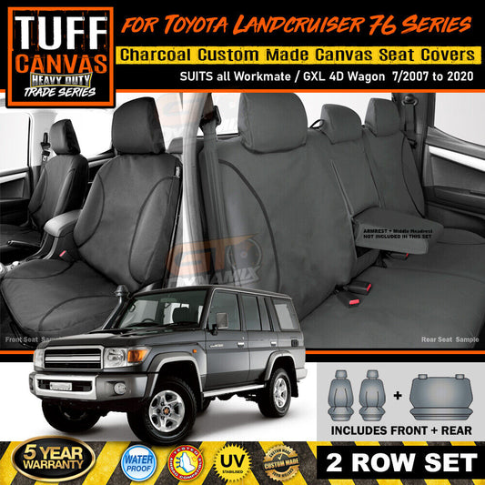 TUFF HD TRADE Canvas Seat Covers 2 Rows For Toyota Landcruiser 76 Series GXL VDJ76R 2007-2020 Charcoal