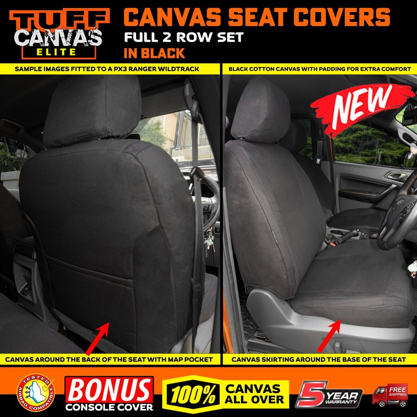 Tuff Elite Canvas Seat Covers 2 Rows For Ford Raptor PX3 Dual Cab 2015-4/2022 Black