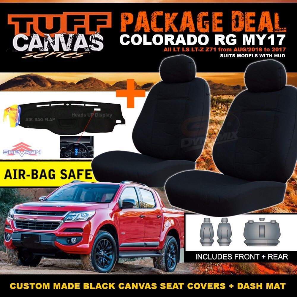 Tuff Canvas Seat Covers 2 Row + Dash Mat For Holden RG Colorado 7/2016-2019 HUD Black