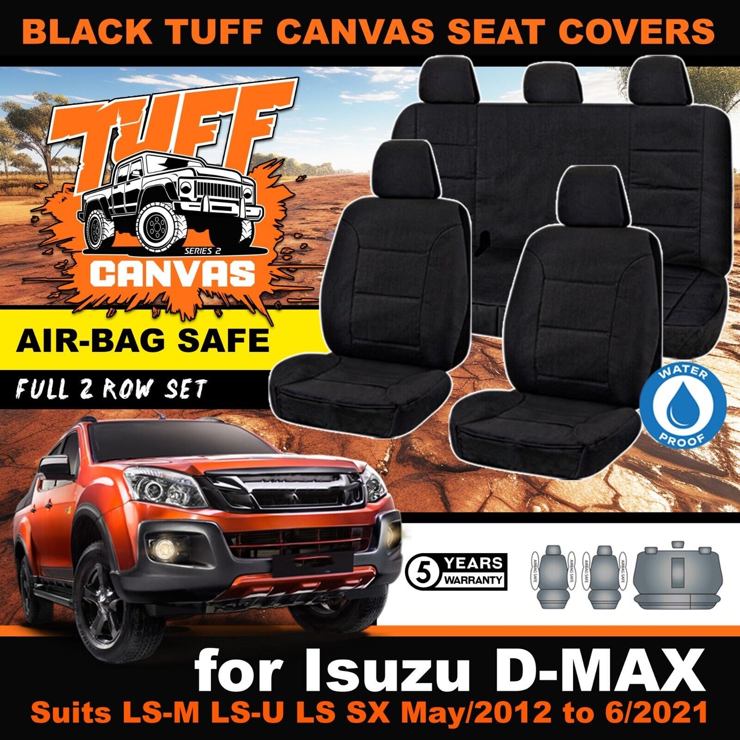 Black Tuff Canvas S2 Seat Covers 2 Rows For Isuzu DMAX Dual Cab LS-U 5/2012-6/2021 D-MAX